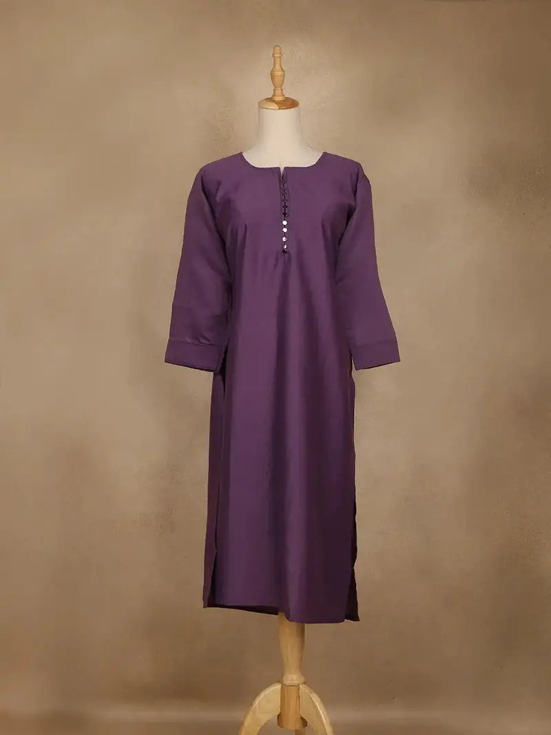 Purple Solid Cotton Kurti With Button Detailing 1