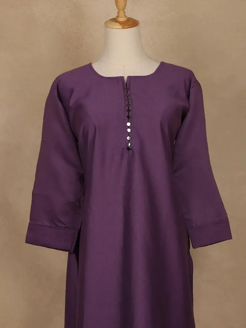Purple Solid Cotton Kurti With Button Detailing 2