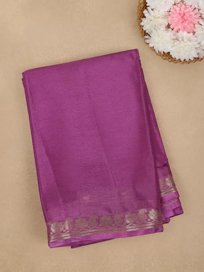 Purple Solid Design Antique Gold Zari Border Mysore Silk Saree 1