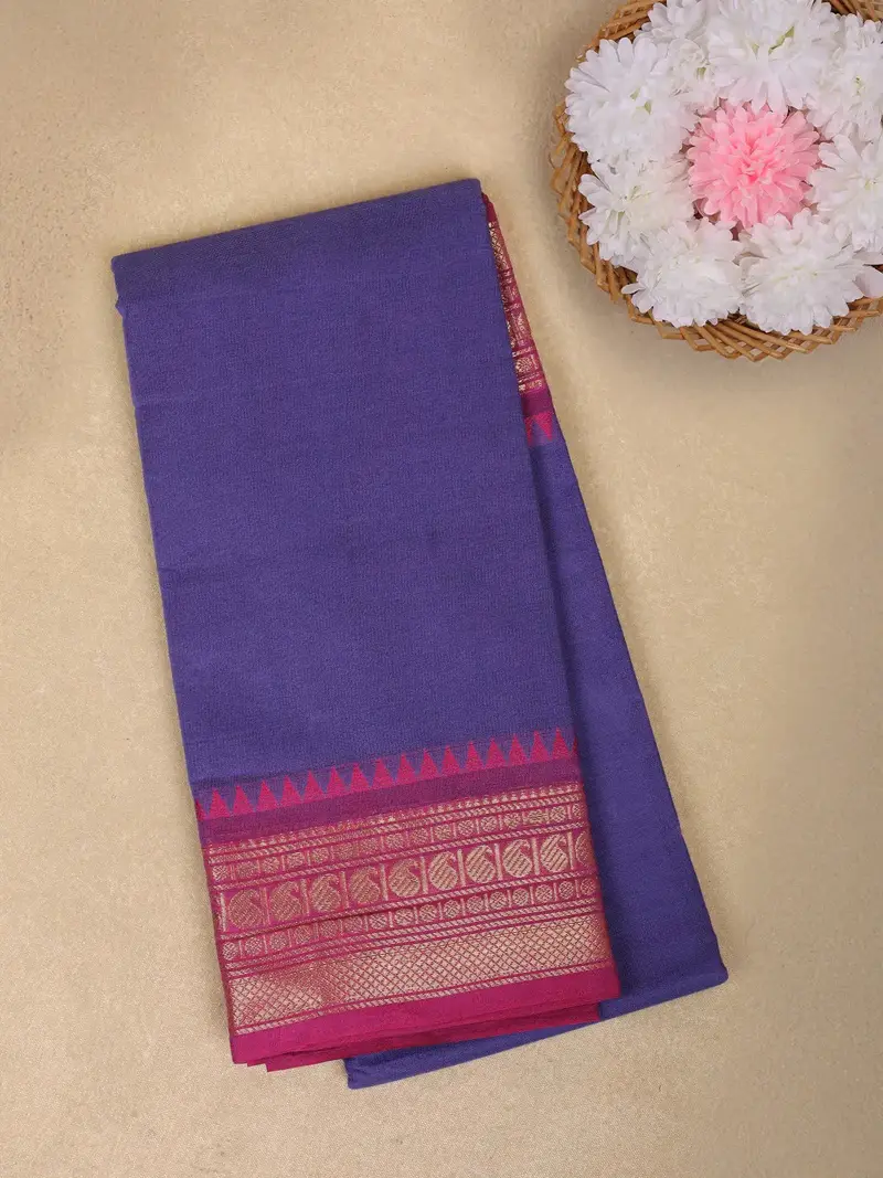 Purple Solid Design Cotton Saree With Contrast Pink Zari Border 1