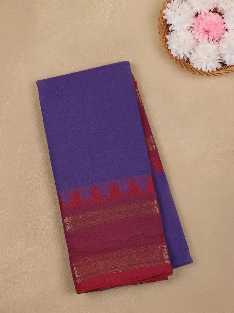 Purple Solid Design Cotton Saree With Red Temple Zari Border 1