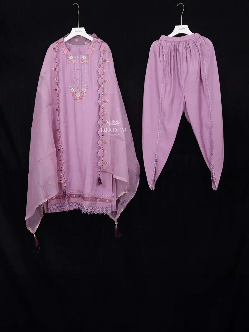 Purple Straight Cut Salwar Suit Adorned With Sequins And Floral Design With Dupatta 1