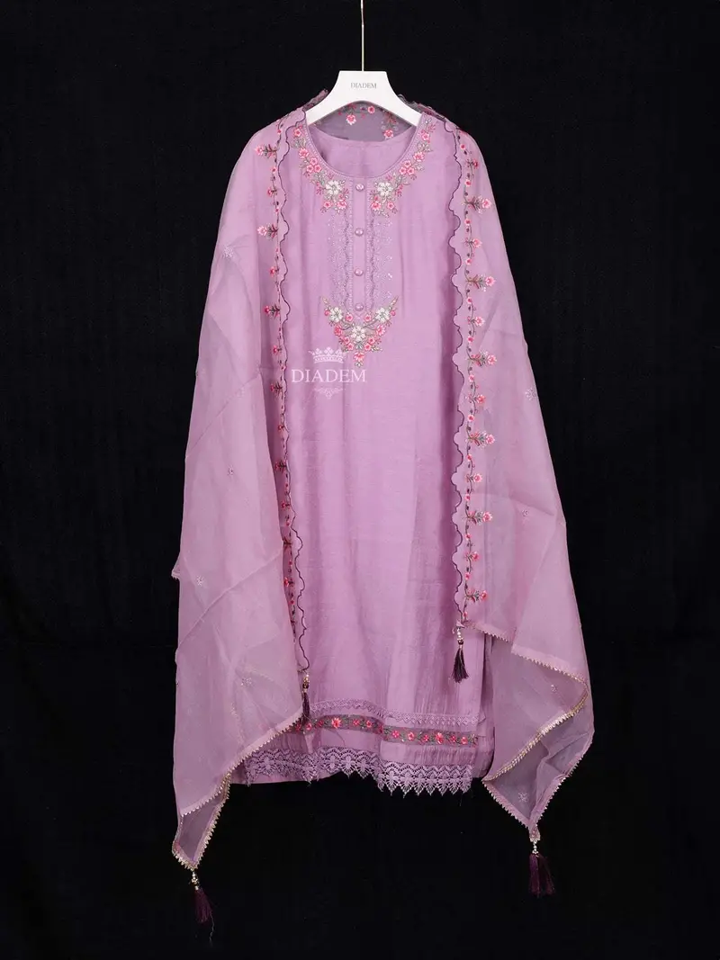 Purple Straight Cut Salwar Suit Adorned With Sequins And Floral Design With Dupatta 2