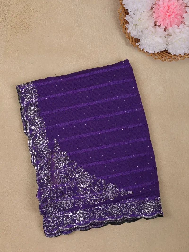 Purple Striped Floral Design Georgette Saree 1