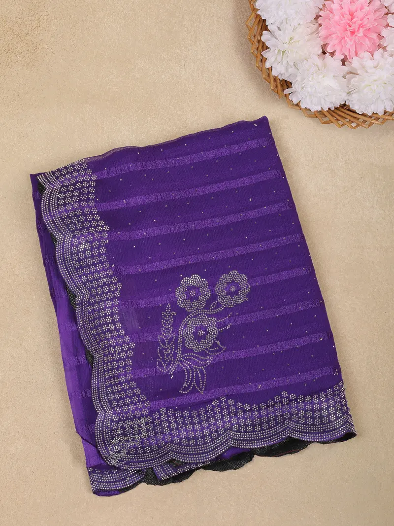 Purple Striped Floral Design Georgette Saree 1