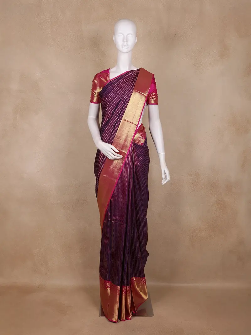 Purple Striped Zari Woven Kanchipuram Silk Saree With Contrast Pink Pallu And Border 1