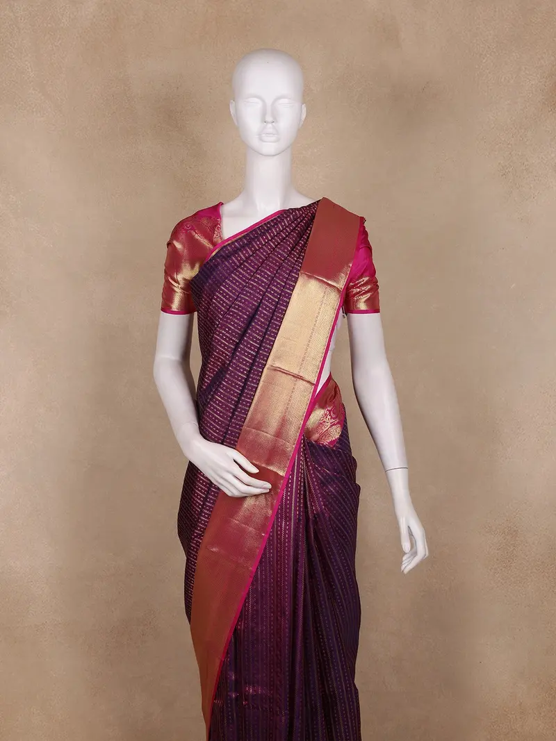 Purple Striped Zari Woven Kanchipuram Silk Saree With Contrast Pink Pallu And Border 2