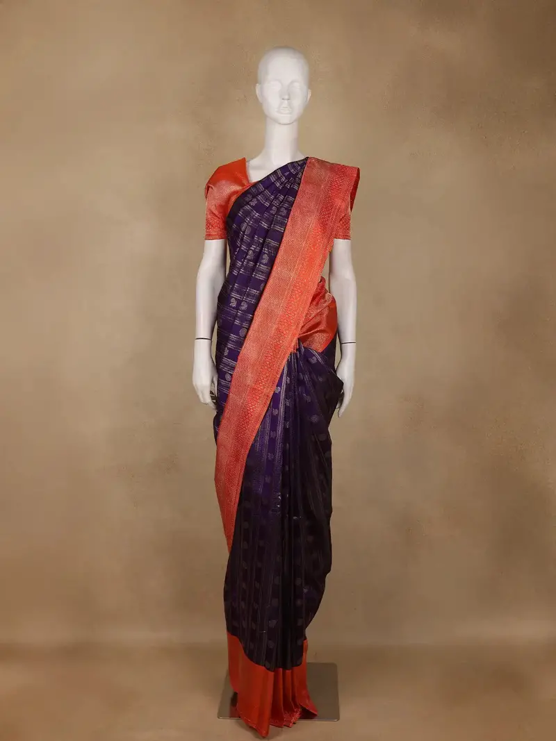 Purple Stripes And Butta Woven Pure Kanchipuram Silk Saree 1