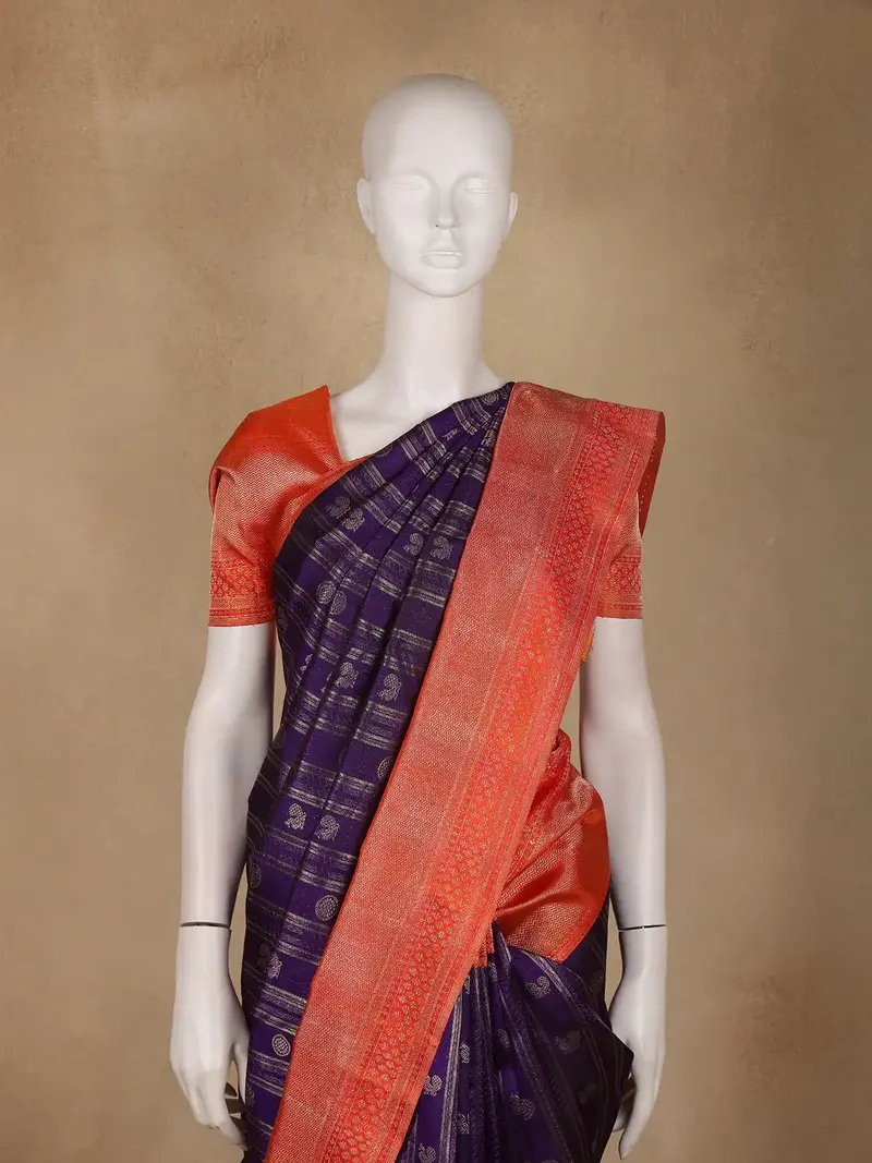 Purple Stripes And Butta Woven Pure Kanchipuram Silk Saree 2