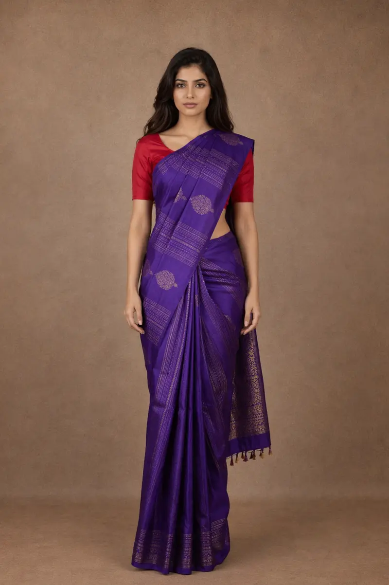 Purple Stripes Butta Motif Kanchipuram Silk Saree 1
