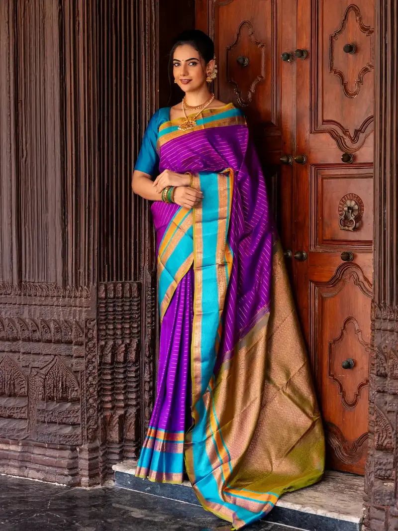 Purple Stripes Woven Pure Kanchipuram Silk Saree 1