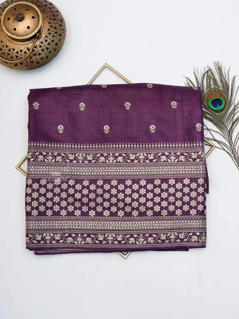 Purple Tussar Silk Saree With Floral Motif On The Body And Embroidery Zari Border 1