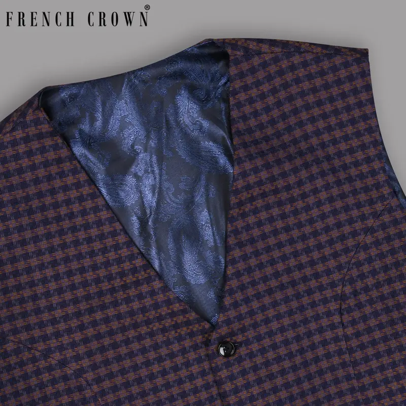 Purple With Brown Checked And Textured Wool Rich Waistcoat 1