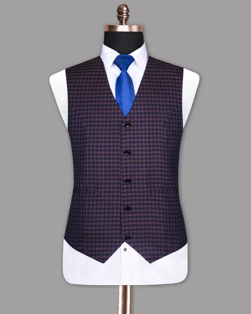 Purple With Brown Checked And Textured Wool Rich Waistcoat 4
