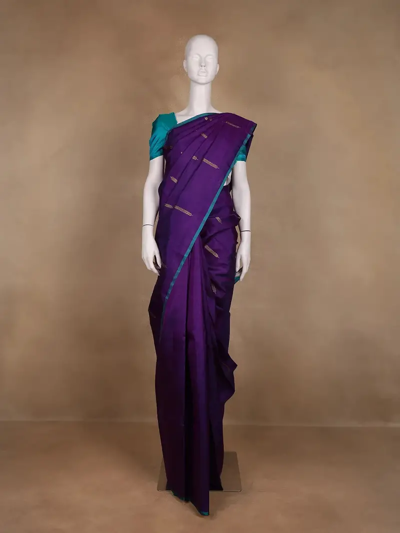 Purple With Teal Border Zari Butta Kanchipuram Silk Saree 1