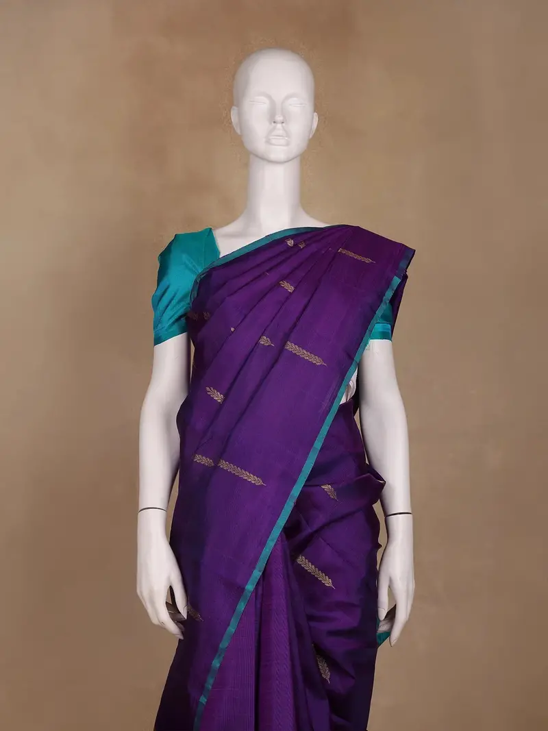 Purple With Teal Border Zari Butta Kanchipuram Silk Saree 2