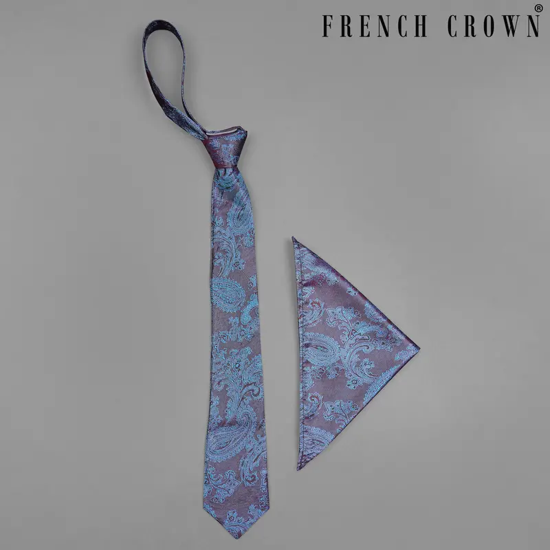 Purplish And Cosmic Maroon Two Tone Paisley Jacquard Tie With Pocket Square 1