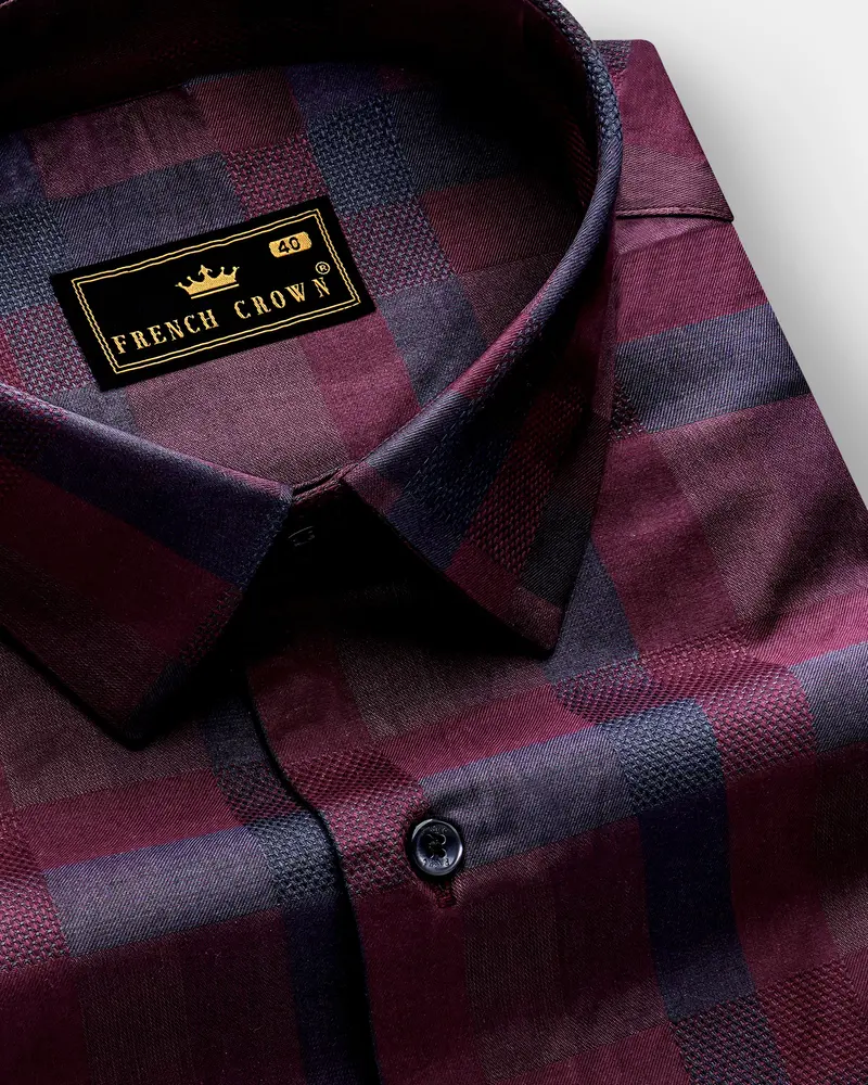 Purply Blue With Magenta Red Plaid Jacquard Premium Cotton Shirt 1