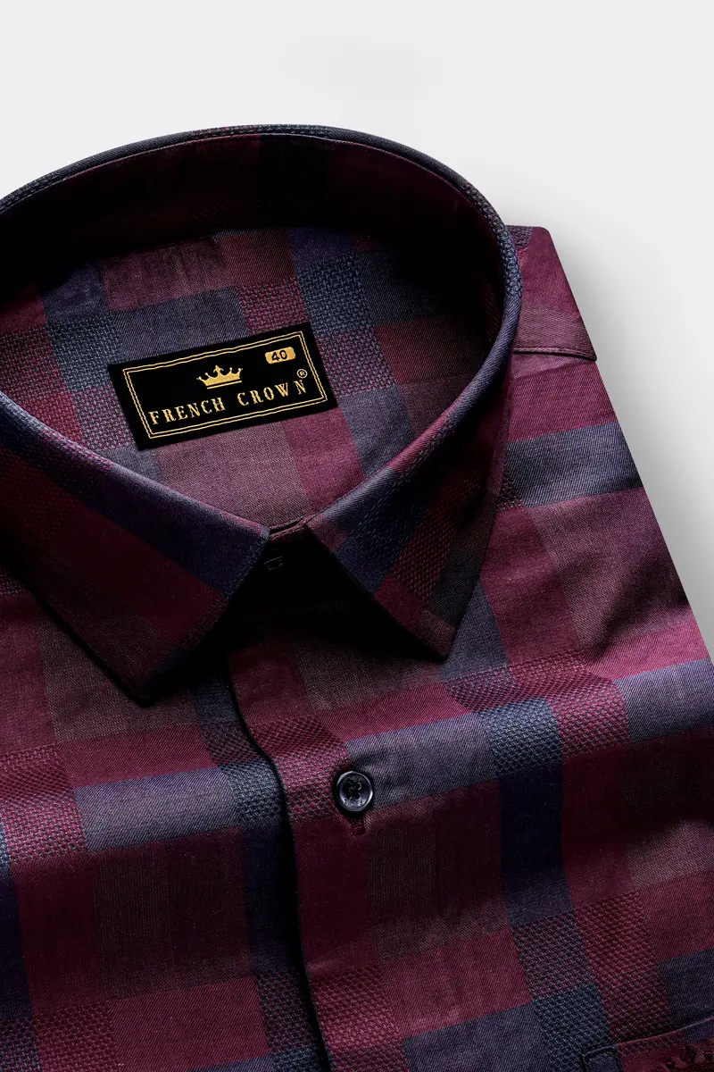 Purply Blue With Magenta Red Plaid Jacquard Premium Cotton Shirt 2