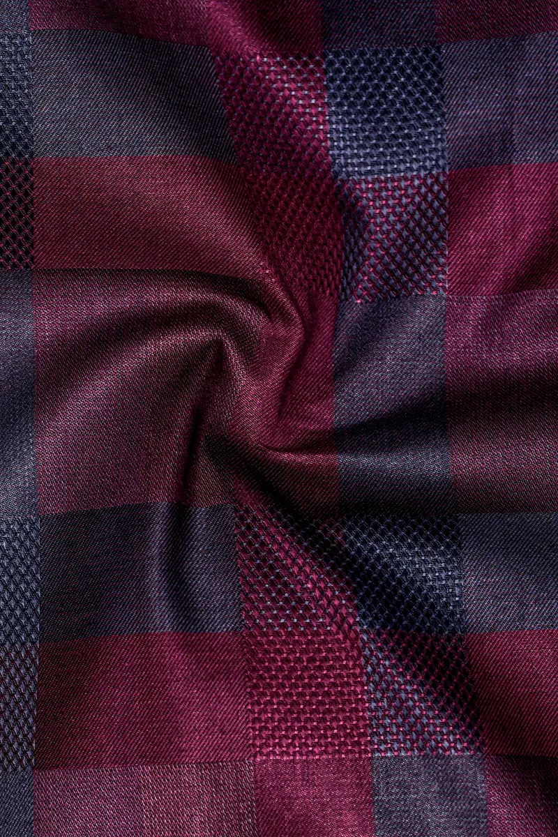 Purply Blue With Magenta Red Plaid Jacquard Premium Cotton Shirt 3