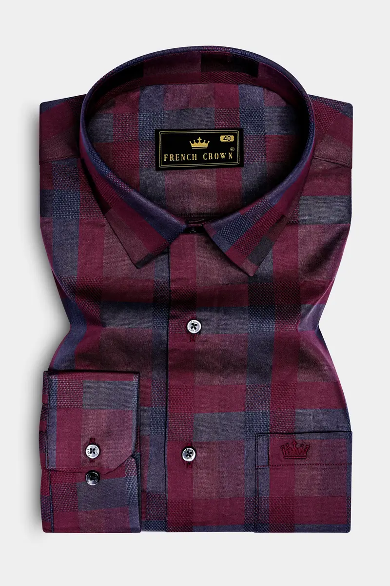 Purply Blue With Magenta Red Plaid Jacquard Premium Cotton Shirt 4