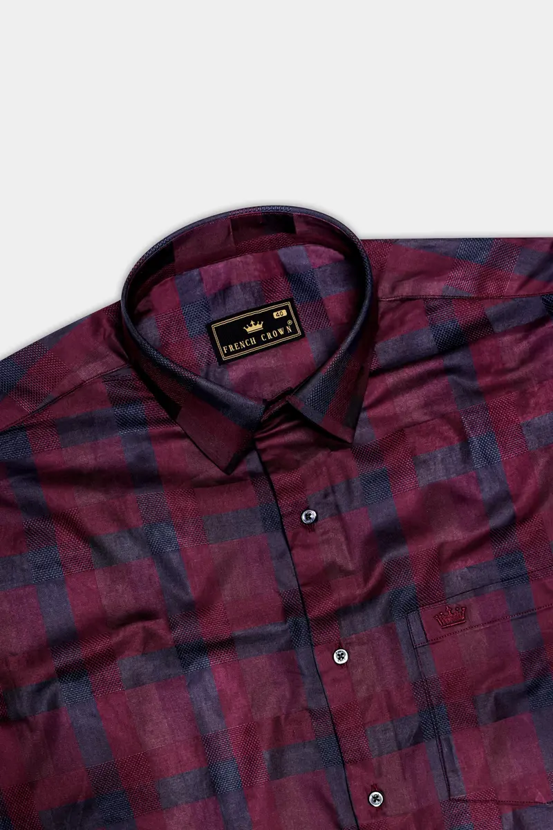 Purply Blue With Magenta Red Plaid Jacquard Premium Cotton Shirt 5