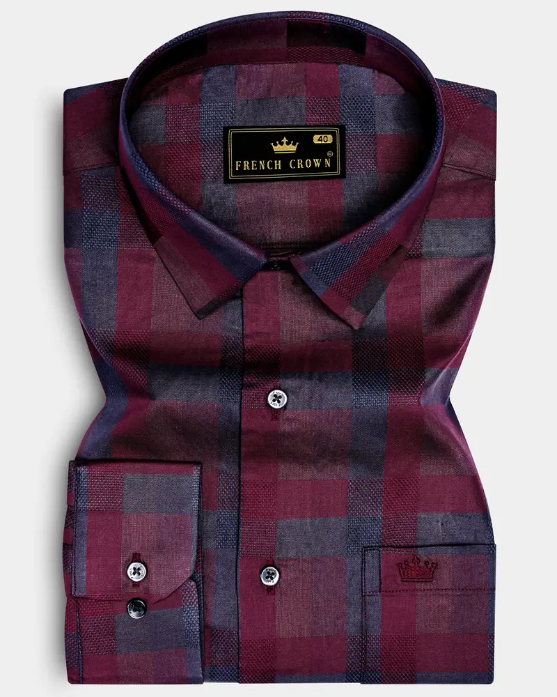 Purply Blue With Magenta Red Plaid Jacquard Premium Cotton Shirt 6