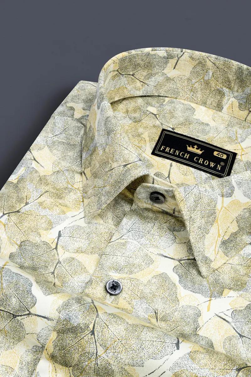 Putty Yellow Leaves Printed Subtle Sheen Super Soft Premium Cotton Designer Shirt 1