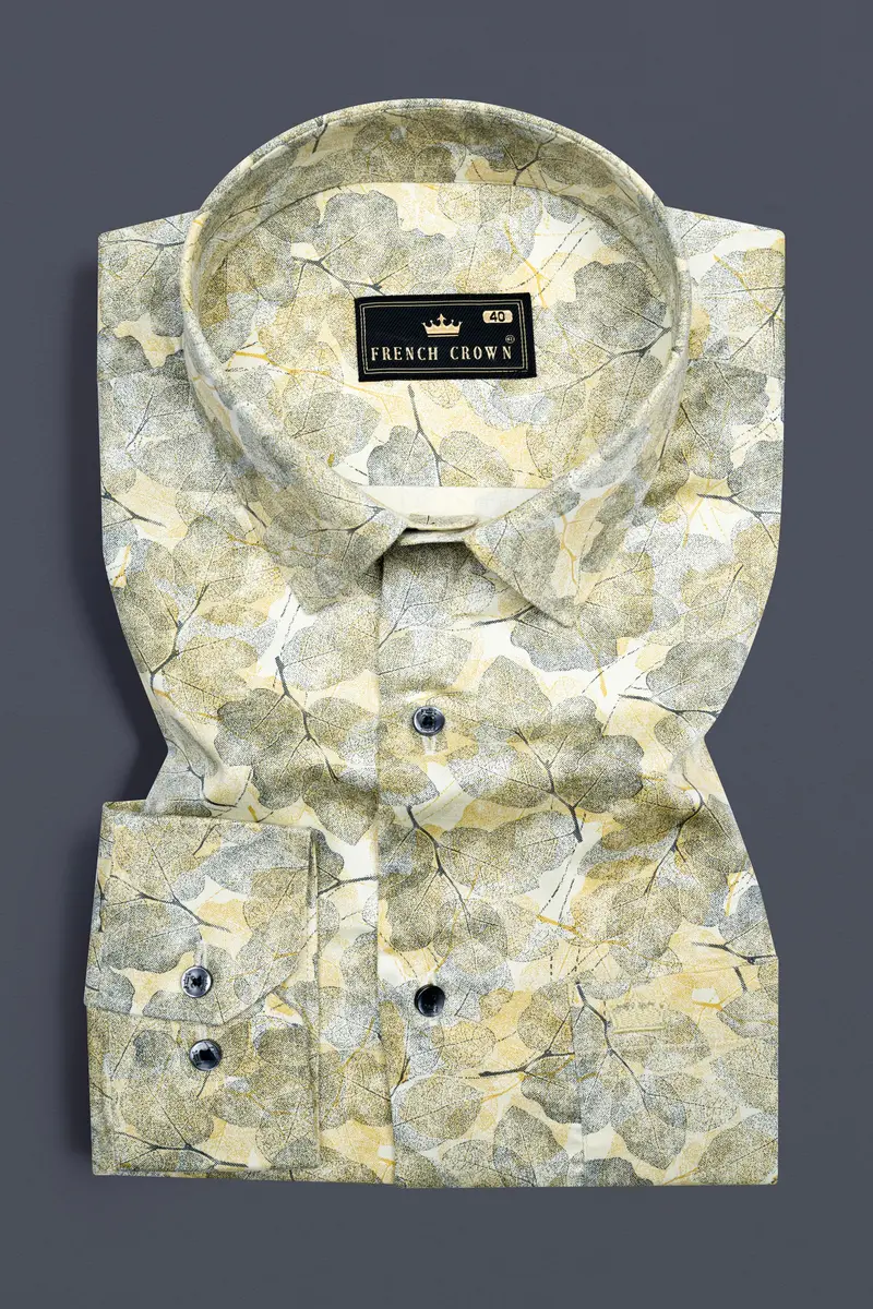 Putty Yellow Leaves Printed Subtle Sheen Super Soft Premium Cotton Designer Shirt 3