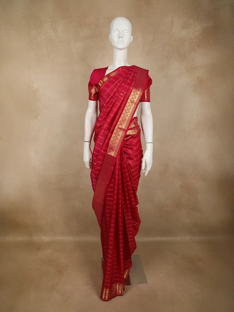 Queen Pink Checked Zari Woven Design Pure Kanchipuram Silk Saree With Zari Border 1
