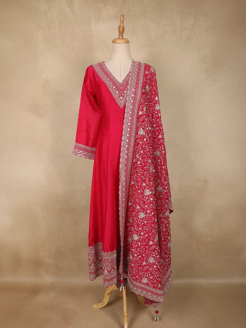 Queen Pink Dotted Design Georgette Anarkali Salwar Suit With Dupatta 1