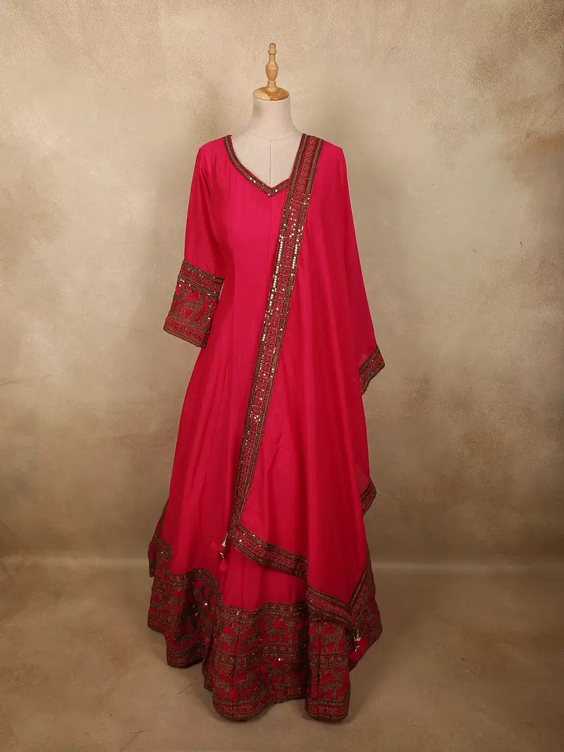 Queen Pink Elephant Motif Embroidered Design Semi Silk Anarkali Gown With Dupatta 1