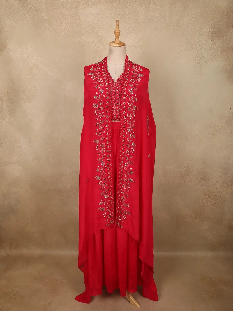 Queen Pink Floral Beads Embroidered Design Georgette Skirt Top With Over Coat 1