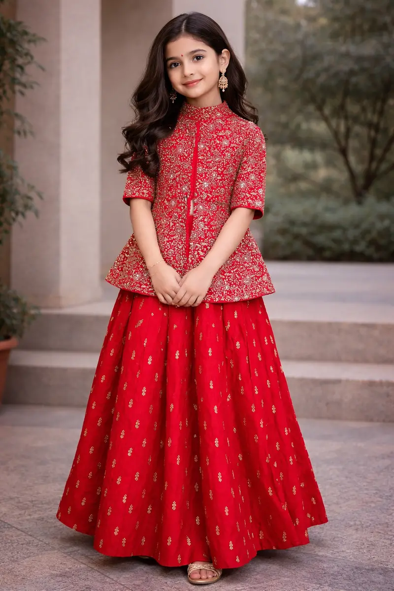Queen Pink Floral Design Kids Peplum Top With Skirt And Dupatta-Lehenga 1