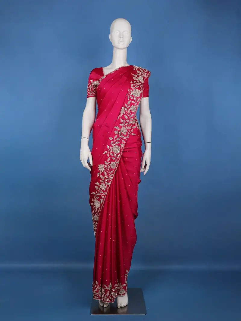 Queen Pink Floral Design Sequin Work Satin Saree 1