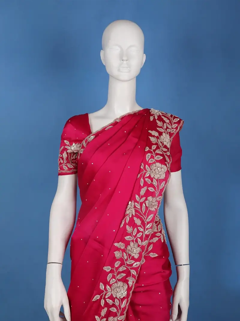 Queen Pink Floral Design Sequin Work Satin Saree 2