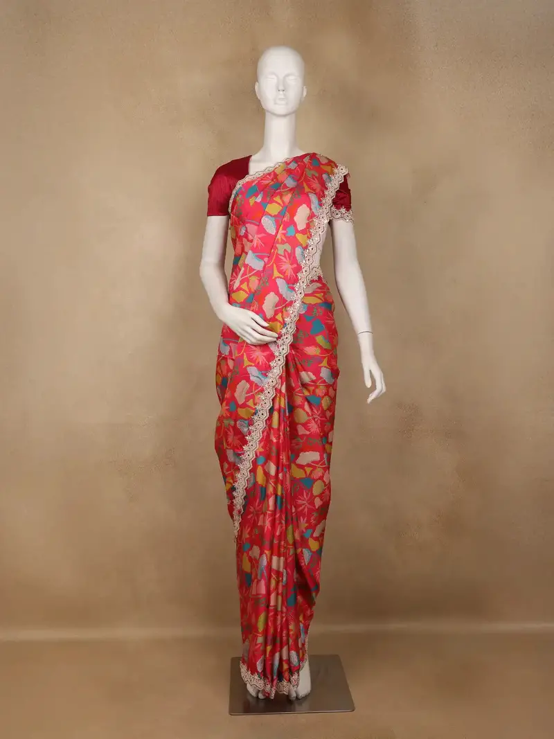 Queen Pink Floral Designed Satin Saree 1