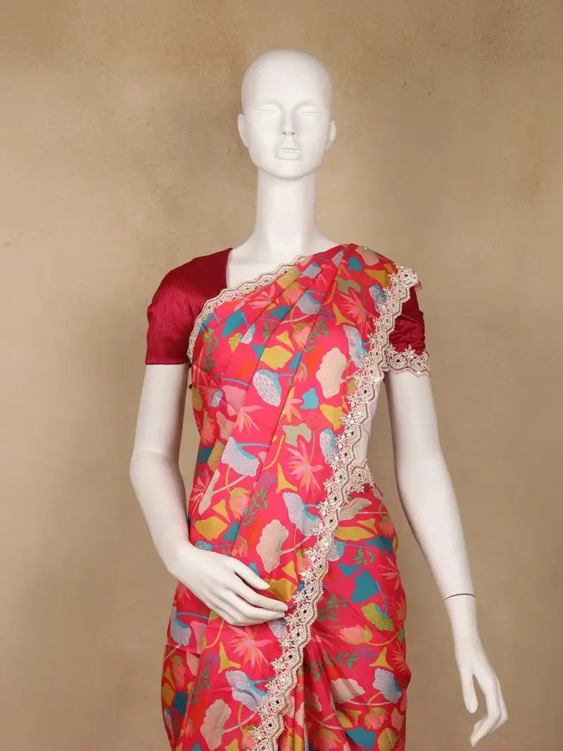 Queen Pink Floral Designed Satin Saree 2