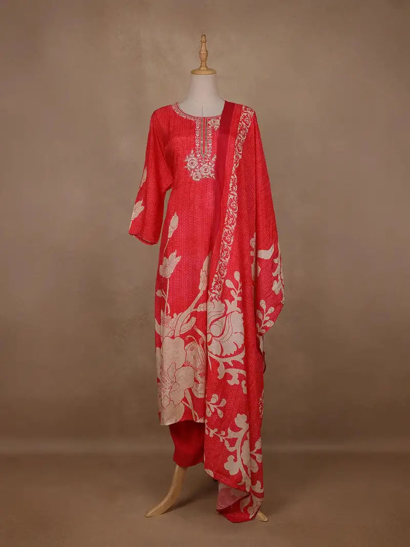 Queen Pink Floral Designed Semi Silk Salwar Suit 1