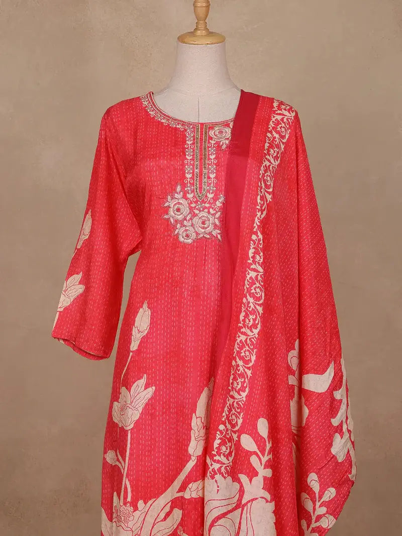 Queen Pink Floral Designed Semi Silk Salwar Suit 2