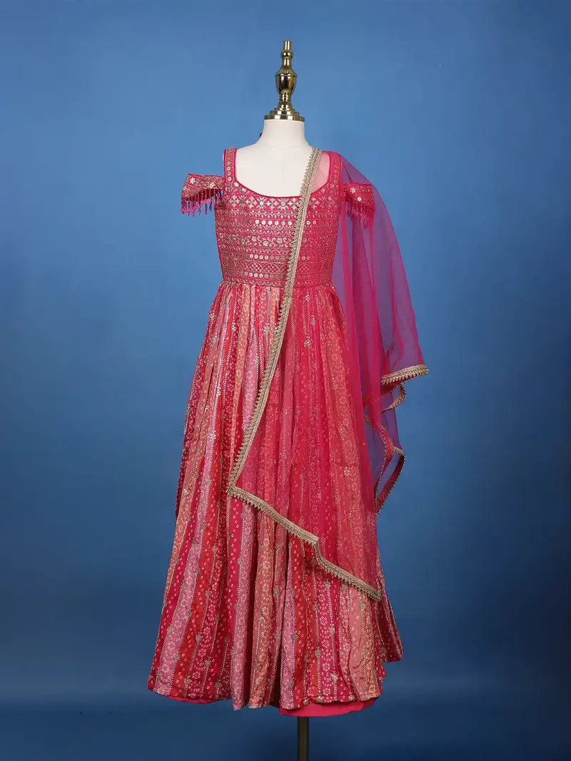 Queen Pink Floral Designed  Sequins Banarasi Gown Paired With Dupatta And Pant 1