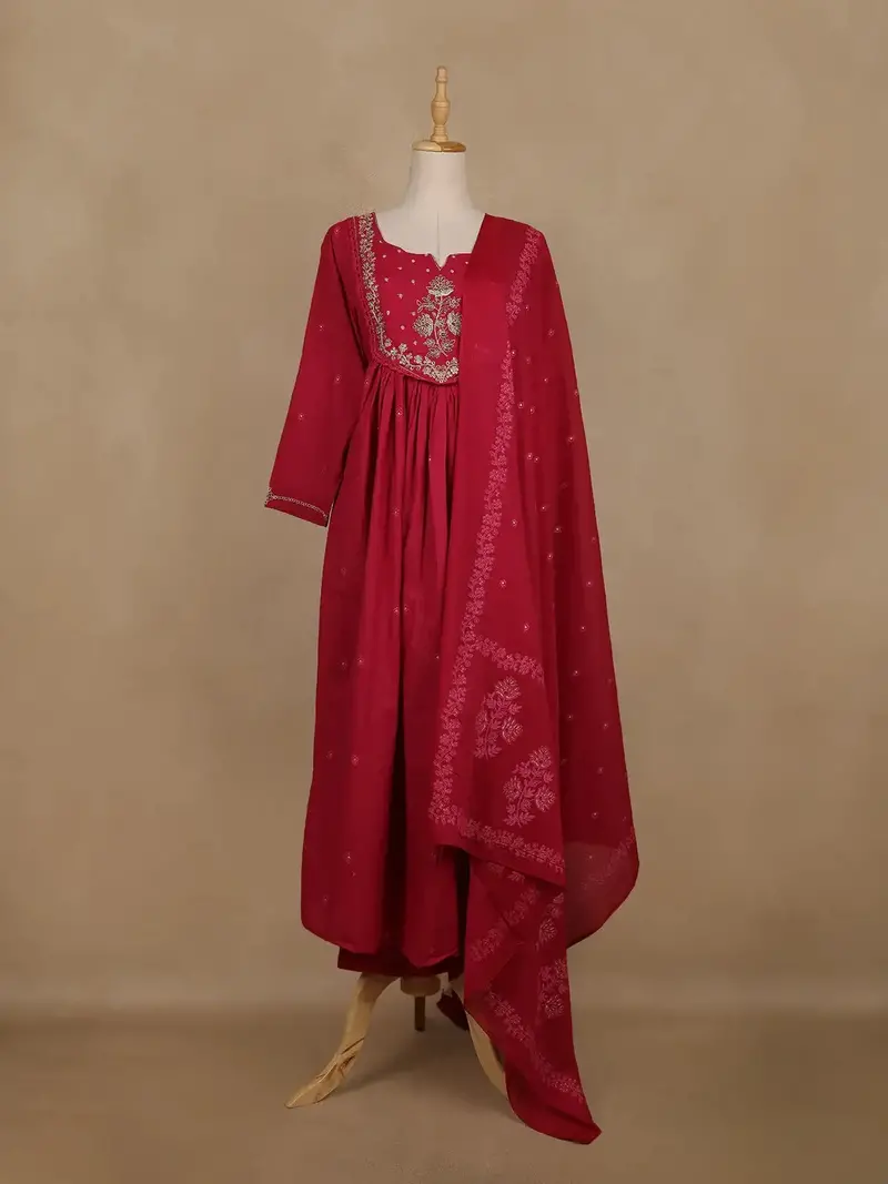 Queen Pink Floral Embroidered Cotton Salwar Suit With Dupatta 2