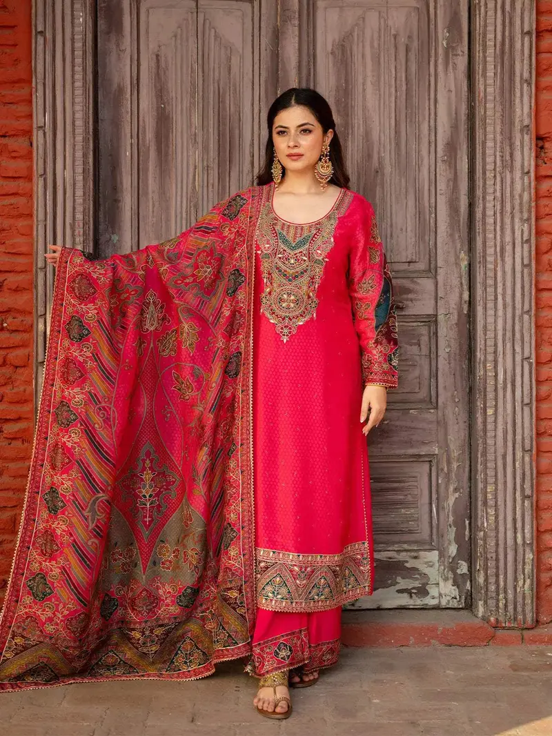 Queen Pink Floral Embroidered Crepe Palazzo Salwar Suit 1