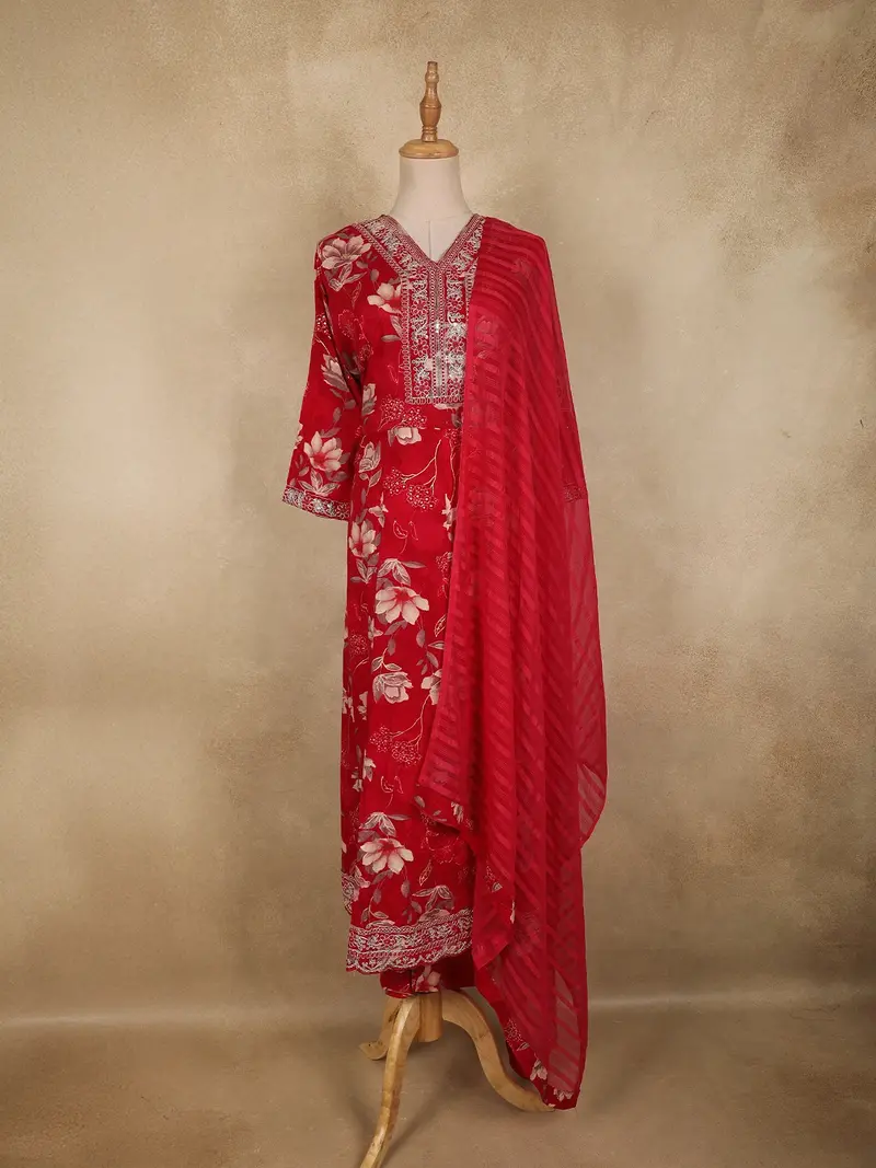 Queen Pink Floral Embroidered Design Cotton Straight Cut Salwar Suit With Dupatta 1