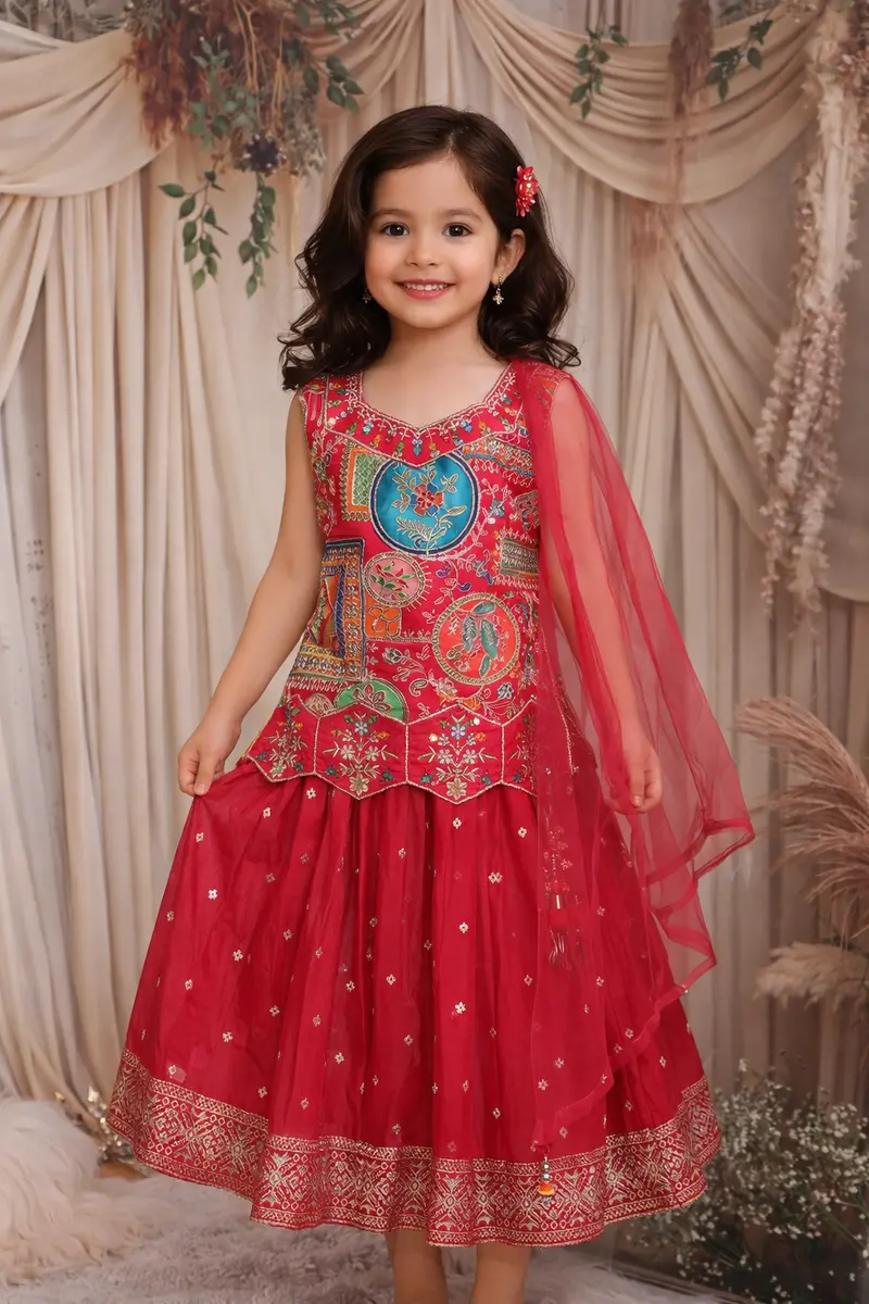 Queen Pink Floral Embroidered Design Georgette Kids Lehenga With Dupatta 1