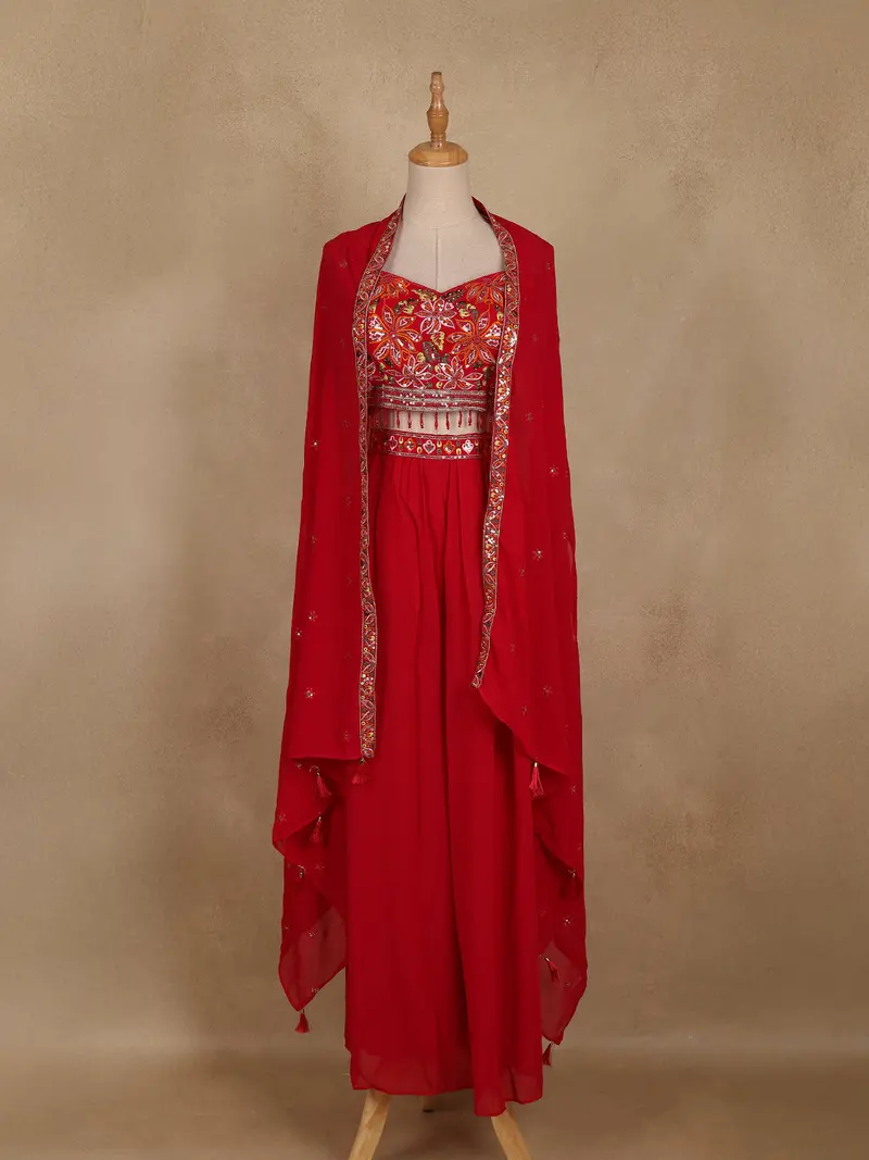 Queen Pink Floral Embroidered Design Georgette Palazzo Suit With Dupatta 1