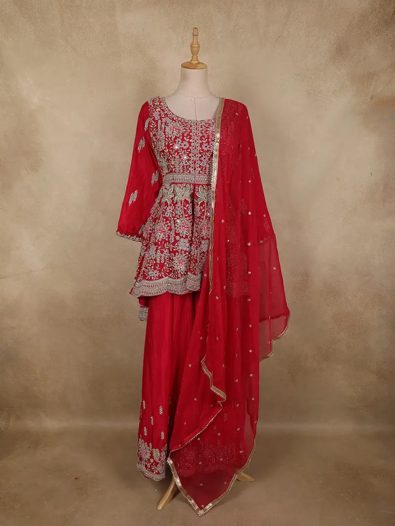 Queen Pink Floral Embroidered Design Georgette Peplum Palazzo Suit With Dupatta 1