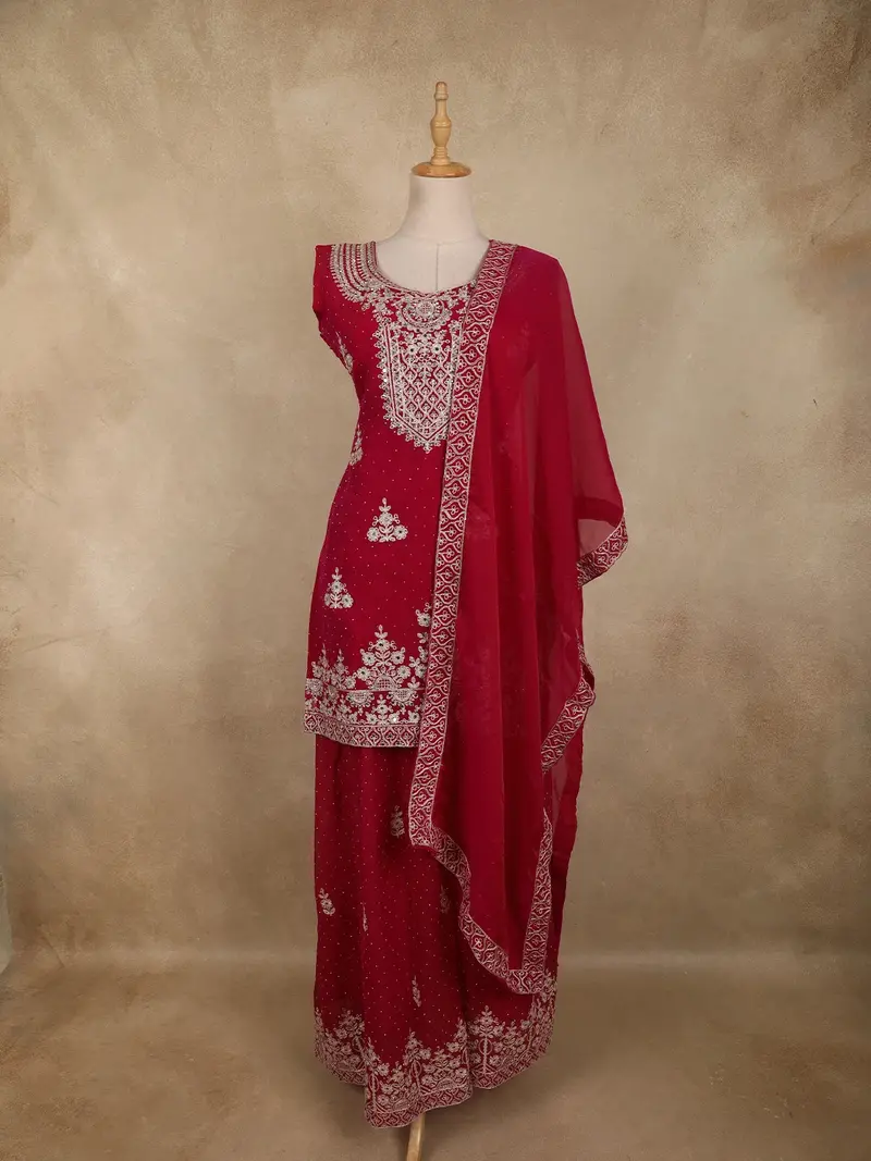 Queen Pink Floral Embroidered Design Organza Palazzo Suit With Dupatta 1