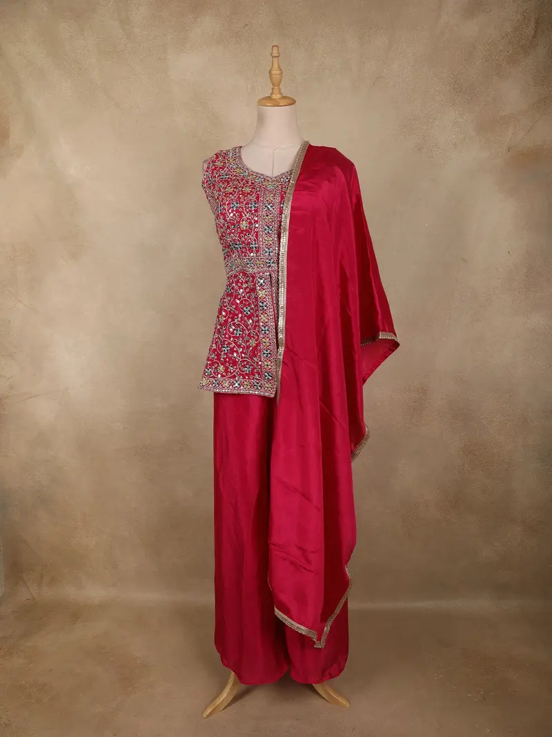 Queen Pink Floral Embroidered Design Silk Palazzo Suit With Dupatta 1