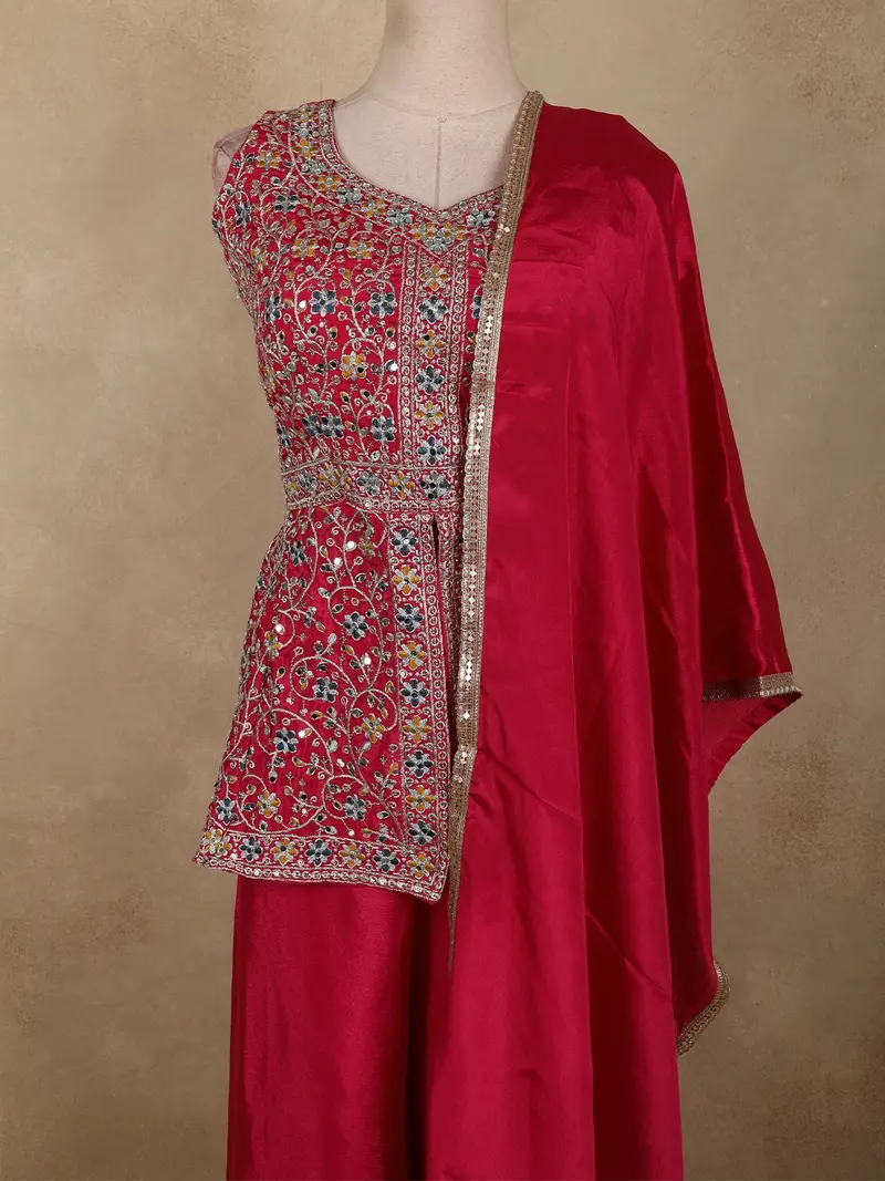 Queen Pink Floral Embroidered Design Silk Palazzo Suit With Dupatta 2